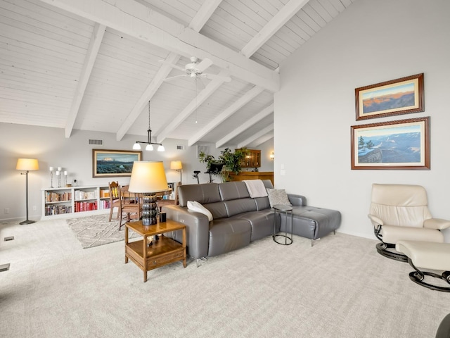 carpeted living room with beam ceiling, high vaulted ceiling, visible vents, and ceiling fan