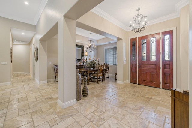 foyer entrance with crown molding, baseboards, a chandelier, recessed lighting, and stone tile flooring