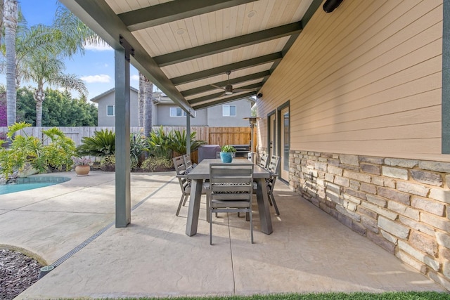 view of patio / terrace with ceiling fan, outdoor dining area, a fenced in pool, and a fenced backyard