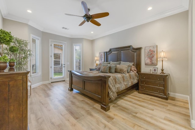 bedroom with access to exterior, visible vents, crown molding, and light wood-type flooring