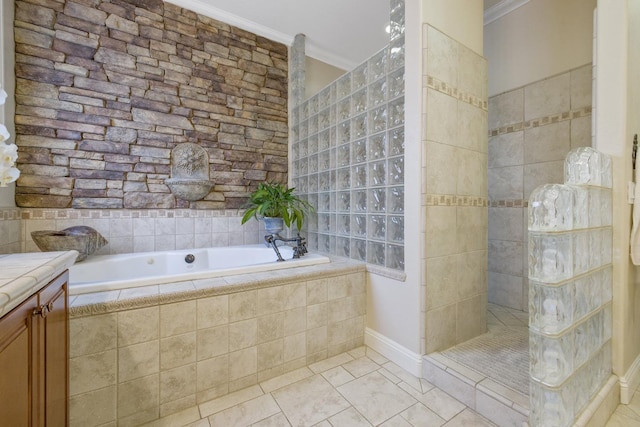 bathroom featuring tile patterned floors, walk in shower, a garden tub, and ornamental molding