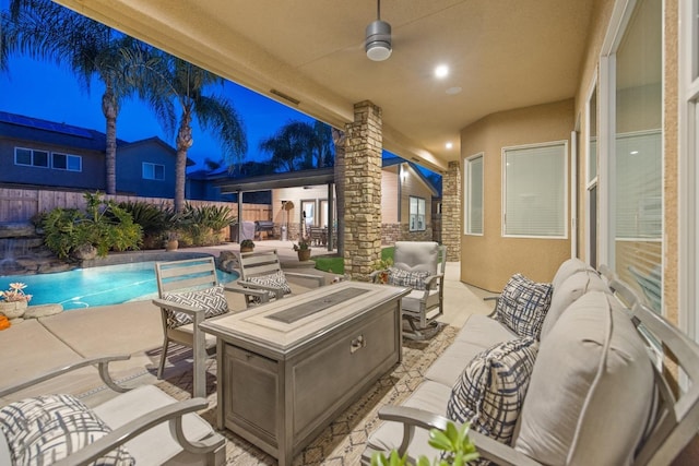 view of patio featuring a fenced in pool, an outdoor hangout area, and fence