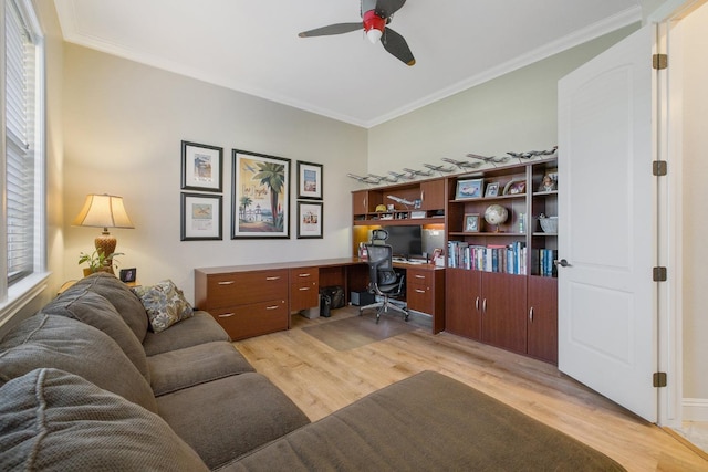 office featuring light wood-style flooring, a healthy amount of sunlight, ceiling fan, and ornamental molding