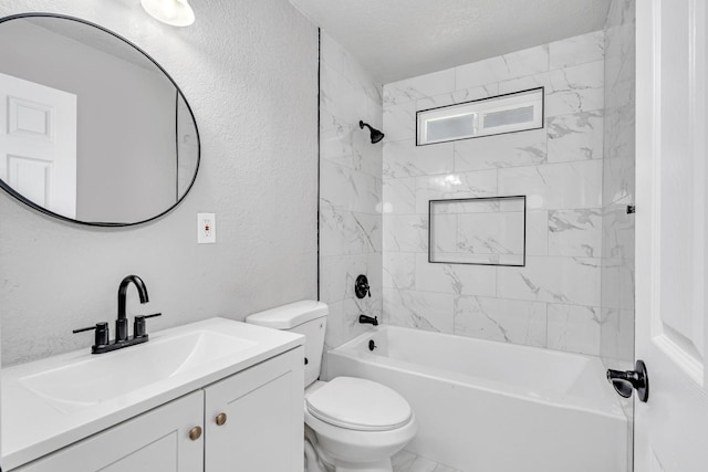 full bath with toilet, a textured wall, marble finish floor, vanity, and  shower combination