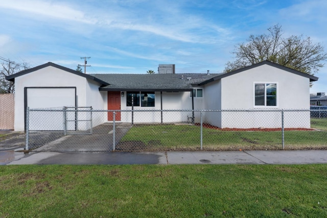 ranch-style home with driveway, an attached garage, stucco siding, a front lawn, and a fenced front yard