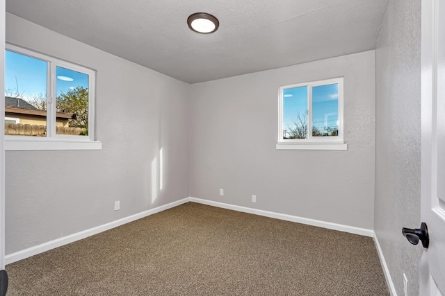 empty room featuring baseboards, carpet floors, and a textured ceiling