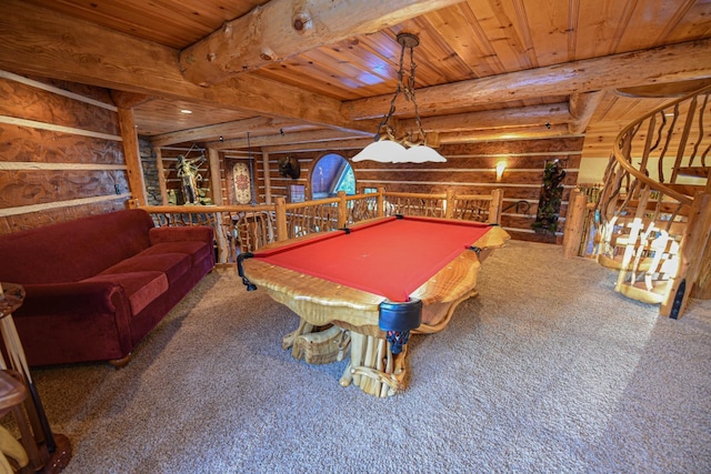 rec room featuring wood ceiling, beamed ceiling, log walls, and carpet floors
