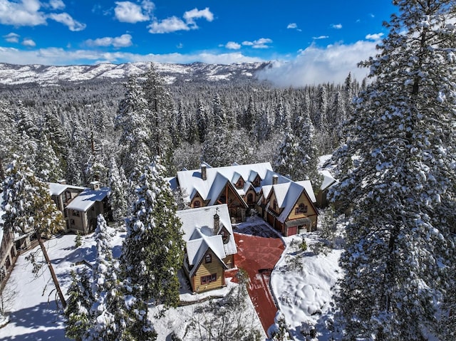 snowy aerial view featuring a mountain view and a wooded view