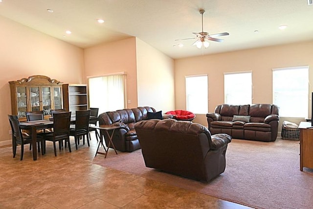 living room with recessed lighting and a ceiling fan