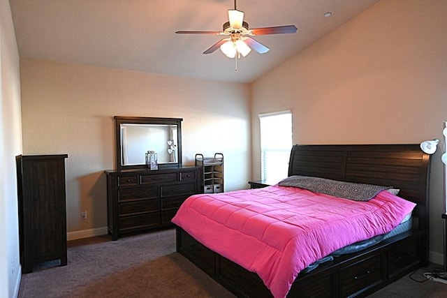 bedroom with baseboards, a ceiling fan, lofted ceiling, and carpet floors