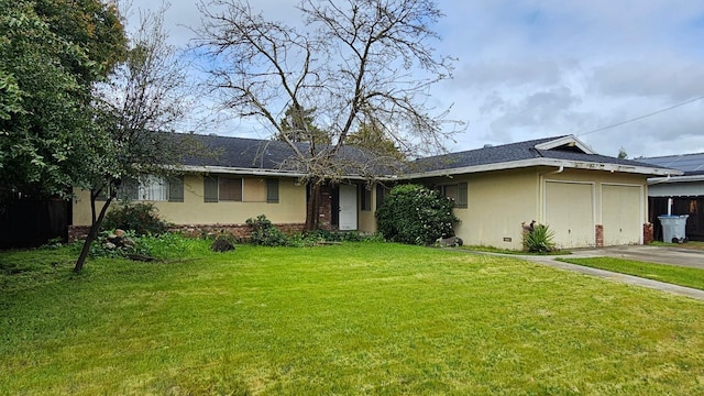 ranch-style house with a front yard, brick siding, and stucco siding