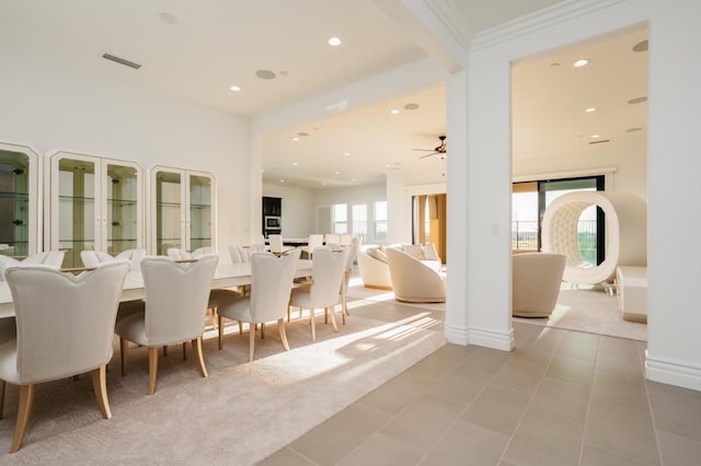 dining room with visible vents, ornamental molding, a ceiling fan, recessed lighting, and light tile patterned flooring
