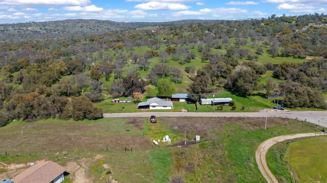 bird's eye view with a wooded view