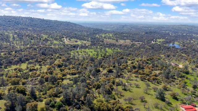 birds eye view of property featuring a wooded view