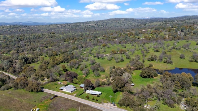 drone / aerial view with a wooded view and a water and mountain view