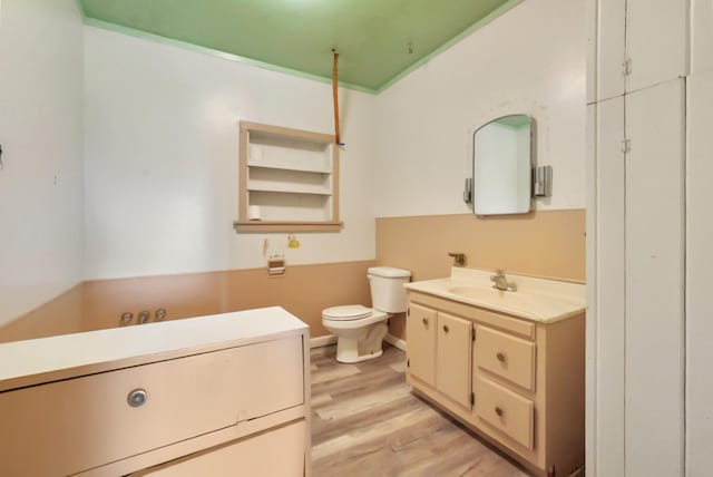 bathroom featuring toilet, wood finished floors, and vanity