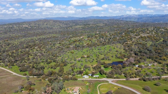 bird's eye view featuring a water and mountain view and a wooded view