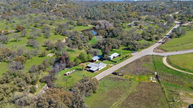 birds eye view of property with a view of trees and a water view