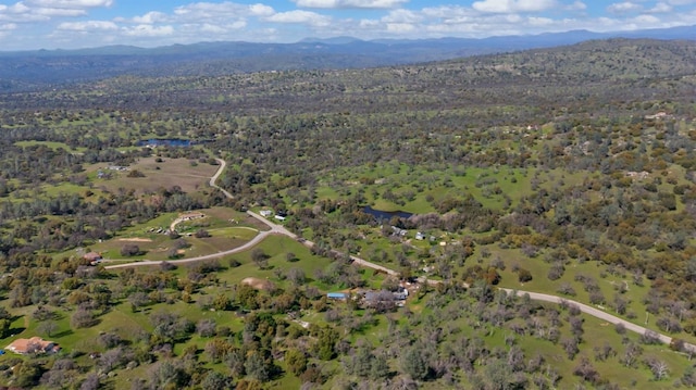 birds eye view of property with a mountain view and a wooded view