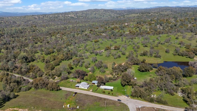 aerial view with a wooded view and a water view