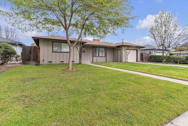 single story home with driveway, a front lawn, board and batten siding, an attached garage, and crawl space