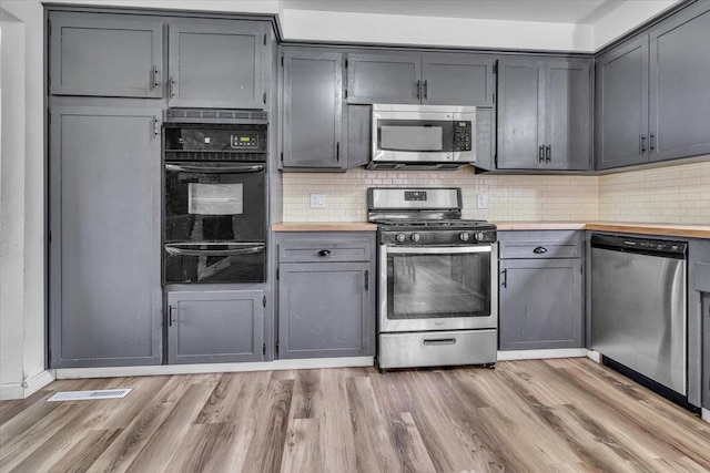 kitchen featuring light wood finished floors, gray cabinetry, decorative backsplash, appliances with stainless steel finishes, and a warming drawer