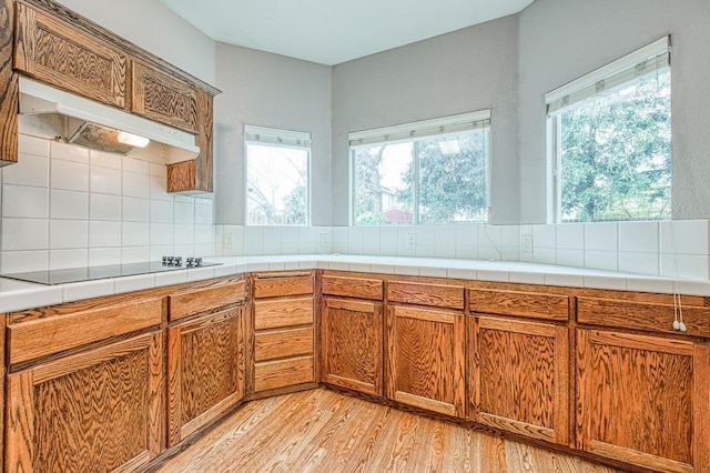 kitchen featuring black electric stovetop, backsplash, brown cabinets, and under cabinet range hood