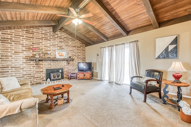 living area with a ceiling fan, baseboards, vaulted ceiling with beams, wood ceiling, and carpet flooring