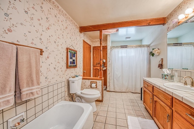 full bath featuring toilet, a tub, wallpapered walls, tile patterned flooring, and vanity