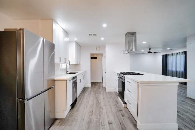 kitchen with ventilation hood, a ceiling fan, a sink, appliances with stainless steel finishes, and light wood-type flooring