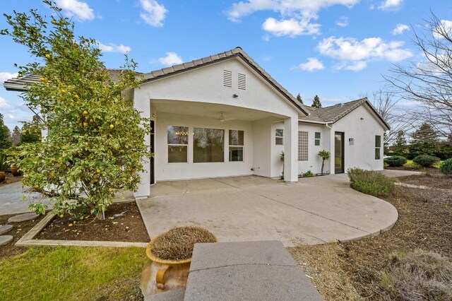 rear view of property with a ceiling fan, a tiled roof, a patio area, and stucco siding