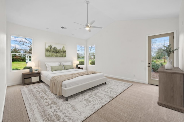 bedroom featuring visible vents, a ceiling fan, access to outside, baseboards, and vaulted ceiling