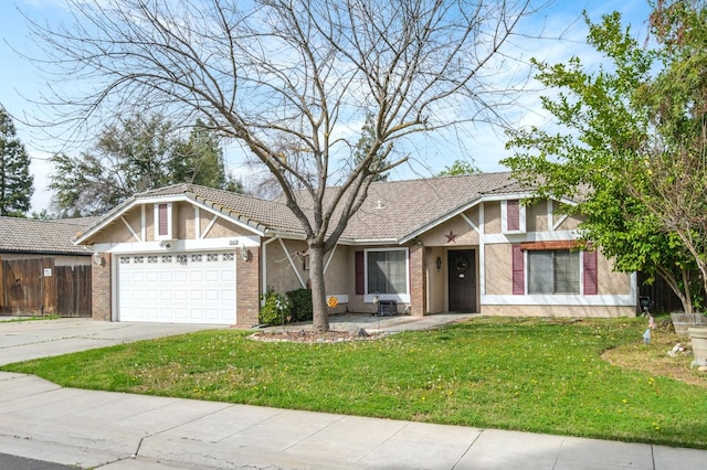 view of front of home with brick siding, a front lawn, concrete driveway, stucco siding, and a garage