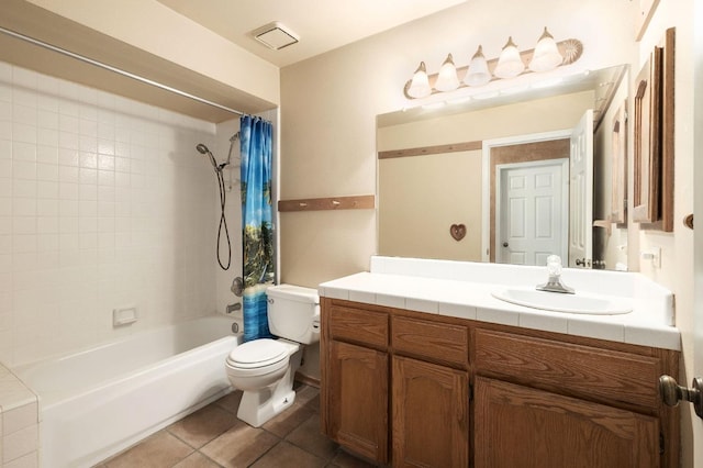 full bathroom with tile patterned flooring, vanity, toilet, and shower / bathtub combination with curtain