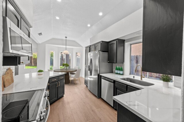 kitchen with tasteful backsplash, appliances with stainless steel finishes, lofted ceiling, and a sink