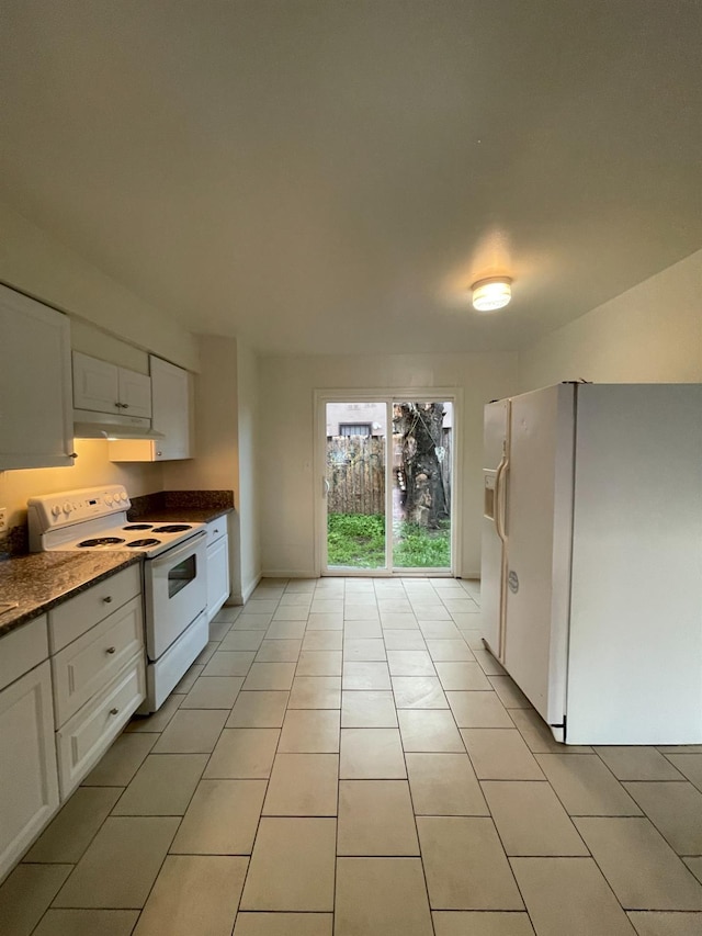 4421 E Hedges Ave, Fresno, CA 93703 - kitchen featuring white cabinetry, light tile patterned flooring, white appliances, and under cabinet range hood