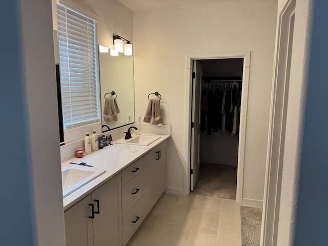 bathroom featuring a sink, a walk in closet, baseboards, and double vanity