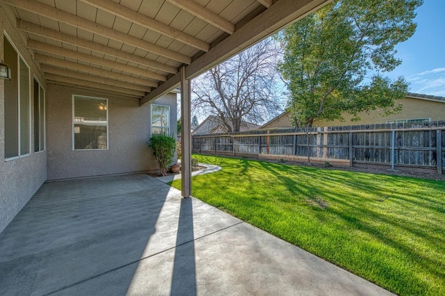 view of yard featuring a patio and a fenced backyard