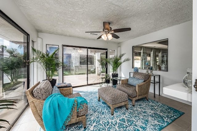 interior space featuring ceiling fan