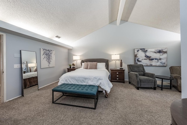 bedroom featuring visible vents, baseboards, carpet, lofted ceiling with beams, and a textured ceiling