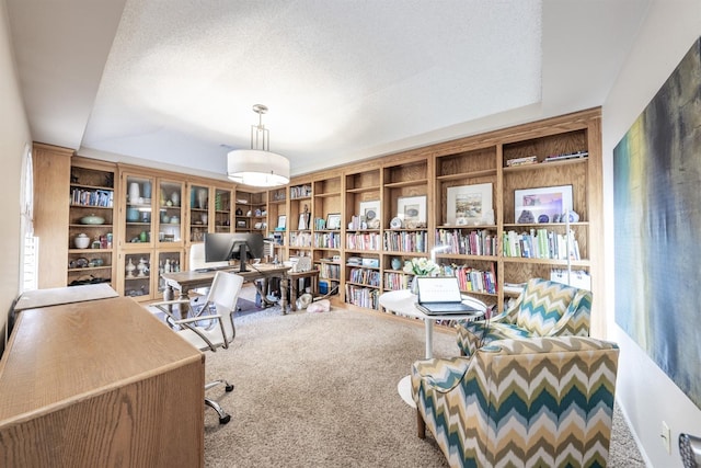 carpeted office featuring a textured ceiling