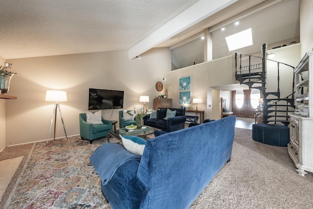 carpeted living area with beam ceiling, high vaulted ceiling, baseboards, and a textured ceiling