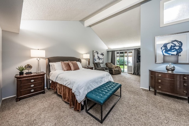 bedroom featuring vaulted ceiling with beams, baseboards, carpet floors, a textured ceiling, and access to outside