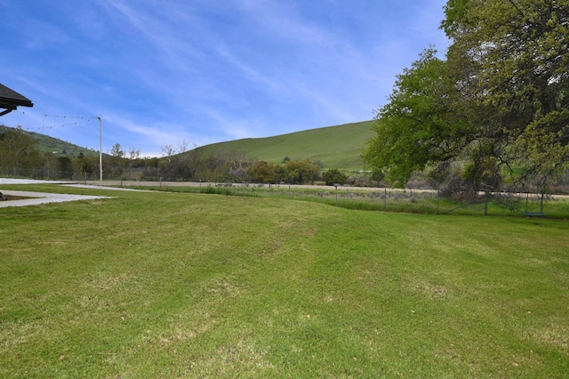 view of property's community with a mountain view and a lawn