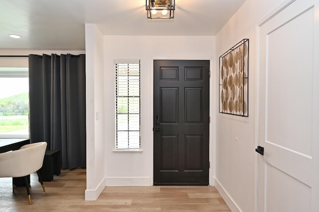 entryway featuring light wood finished floors, baseboards, and a healthy amount of sunlight
