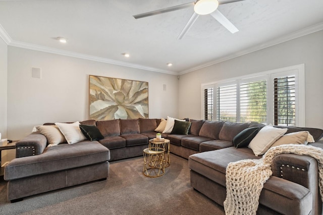 6136 E S Bear Creek Dr, Merced, CA 95340 - carpeted living area with crown molding, a ceiling fan, and recessed lighting