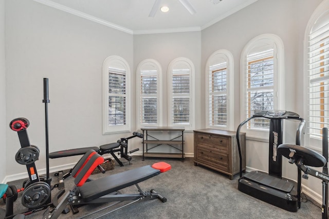 6136 E S Bear Creek Dr, Merced, CA 95340 - exercise area with a ceiling fan, crown molding, carpet floors, and baseboards