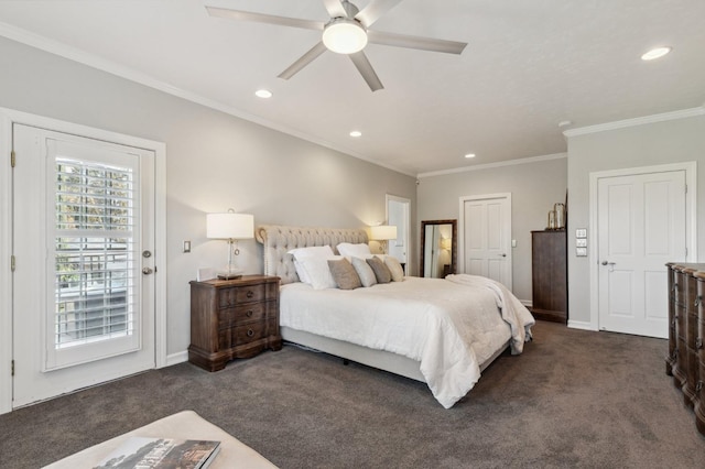 6136 E S Bear Creek Dr, Merced, CA 95340 - bedroom with dark colored carpet, recessed lighting, crown molding, baseboards, and a ceiling fan