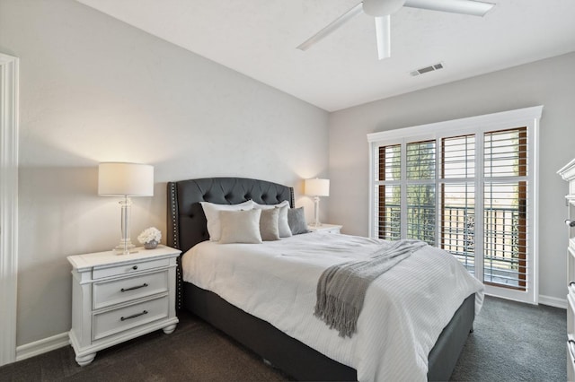 6136 E S Bear Creek Dr, Merced, CA 95340 - bedroom with dark carpet, baseboards, a ceiling fan, and access to outside
