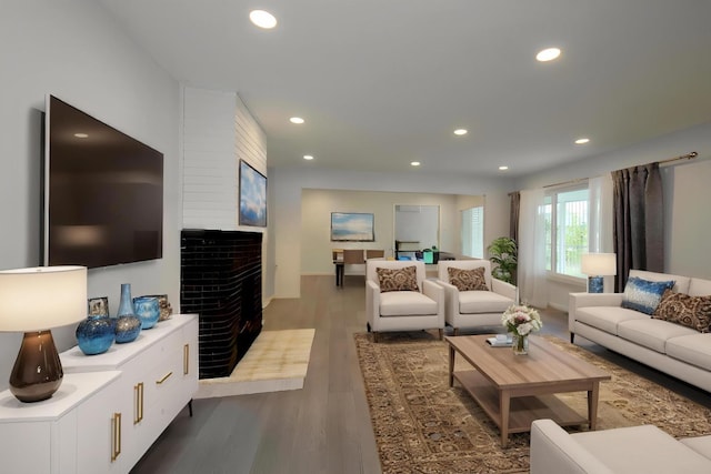 467 E San Bruno Ave, Fresno, CA 93710 - living area with a brick fireplace, recessed lighting, dark wood-style floors, and baseboards